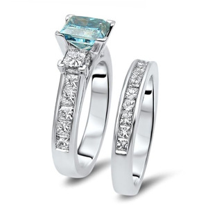 Bague de fiançailles géométrique simple en cuivre bleu avec diamant de laboratoire pour femme, style bohème, sertissage carré à griffes, bijou de doigt tendance - Product Image 4