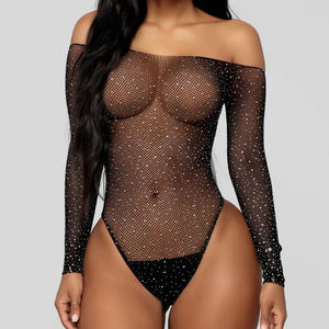 2024 Langarm Shining Sexy Jumps uit Fisch netz Dessous Glitter Strass Sexy Transparent Sheer Bodysuit für Frauen Valentine - Product Image 2