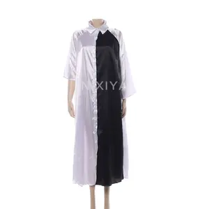 Bloc de couleur dames sexy femmes coutumes taille d'été robe à manches courtes soie longue chemise en satin robe