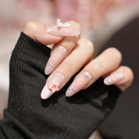Faux ongles à presser en amande, rose nude, avec nœud 3D et motif étoile, style French, réutilisables, couvrance totale, prêts à poser