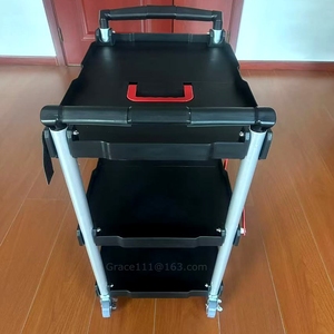 Chariot de <span class=keywords><strong>service</strong></span> en plastique portable à 3 niveaux Chariots utilitaires pliables pour restaurant à pousser avec chariot poly personnalisable OEM à quatre roues - Product Image 4