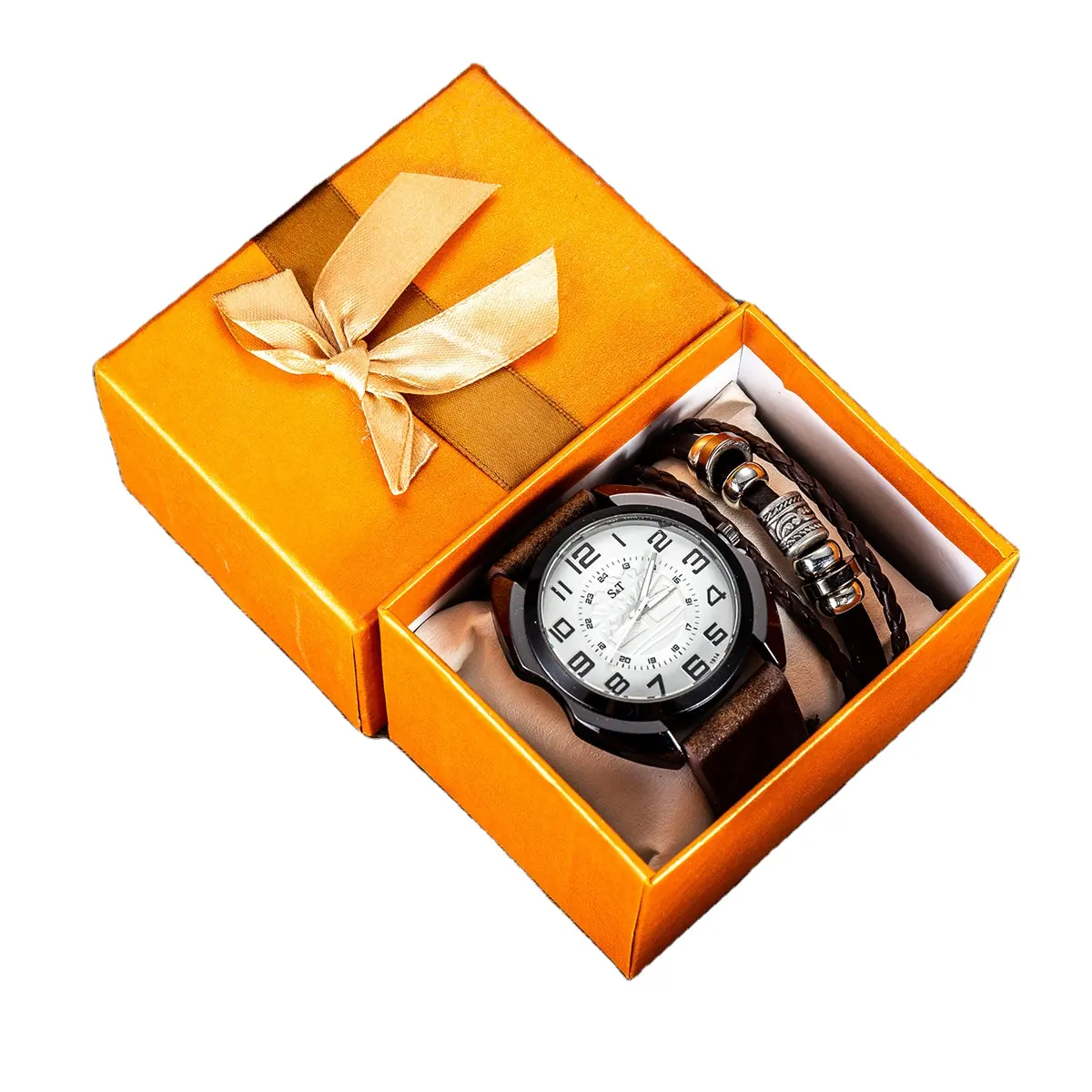 Wholesale promotion customized men's fashion business belt quartz watch + bracelet set for Christmas Valentine's Day gifts