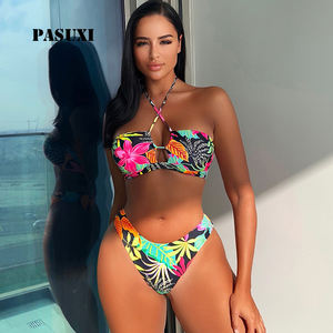 Traje de Baño PASUXI Sexy de Dos Piezas con Estampado Floral y <span class=keywords><strong>Tanga</strong></span> con Cordones, Traje de Baño para Mujer Transpirable de Secado Rápido para Playa de Verano - Product Image 1