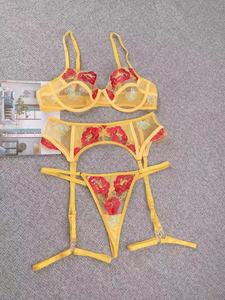 优雅奢华碎花刺绣文胸内裤套装舒适透气氨纶网布蕾丝透明3件套 - Product Image 5