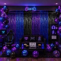 Tirai Foil Biru Ungu Hitam untuk Gaming, Latar Belakang Streamer, Perlengkapan Foto Booth Gamer untuk Pesta Ulang Tahun Tema Video Game Anak Laki-laki