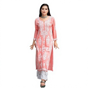 Pink Floral Embroidered Cotton Kurta With White Palazzo Pants For Women Traditional Indian Pakistani Casual Wear Ankle Length Lo - Product Image 1