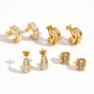 Pendientes de aro chapados en oro con cristales y diseño geométrico, aretes de acero inoxidable para uso diario para mujer - Product Image 4