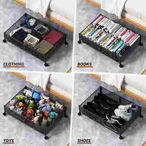 YH Modern Simple Metal <b>Foldable</b> Under Bed <b>Shoe</b> Storage <b>Rack</b> with Wheels 60x40.5x15.8CM for Bedroom Storage - Product Image 5