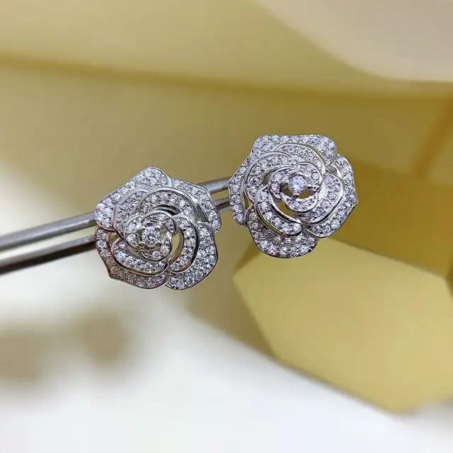 925 Sterling Silver Perfect Rose Flower Shape Stud Earring CZ Cubic Zirconia Camellia Rose Earring for Women