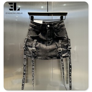 LARSUR-Mini <span class=keywords><strong>jupe</strong></span> en denim personnalisée pour femmes, ceinture délavée, motocyclette, courte, cargo, micro, mini <span class=keywords><strong>jupe</strong></span> en jean pour dames - Product Image 3