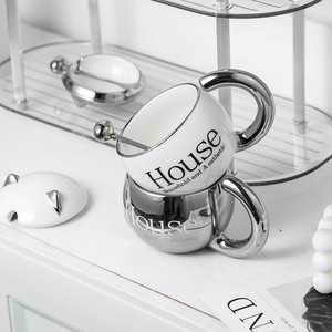 Taza de cerámica con tapa y asa para gatos domésticos, blanca y plateada, taza creativa para regalo - Product Image 5