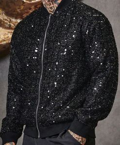 Bomber oversize da <span class=keywords><strong>uomo</strong></span> con <span class=keywords><strong>paillettes</strong></span> e Zip, <span class=keywords><strong>giacca</strong></span> da Baseball con <span class=keywords><strong>paillettes</strong></span> a manica lunga nera - Product Image 1