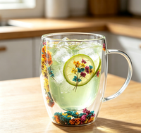 Mug en verre borosilicate à double paroi fait main, motif floral, résistant à la chaleur, isolé, compatible lave-vaisselle, pour café, thé, jus, cadeau