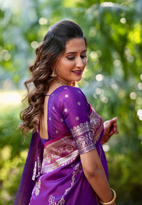 Regal <b>Purple</b> Banarasi Soft Silk <b>Saree</b> With Intricate Jaal Weave And Lustrous Zari Detailing Perfect For Celebrations - Product Image 4