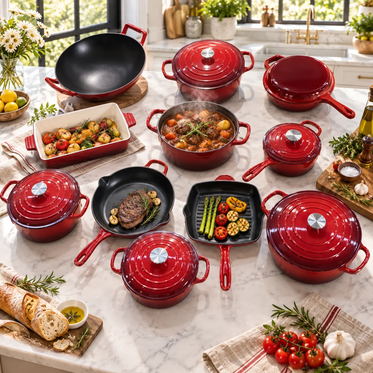 18-Piece Classic Design Cast Iron Enamel Cookware Set Dutch Oven Safe Non-Stick Cooking Pots and Pans for Home Kitchenware Use · image 2