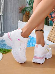 Zapatillas Deportivas Casuales Minimalistas para Mujer, con Lentejuelas, Diseño Clásico, Cuero Blanco, Degradado Brillante, Rayas, Plataforma Gruesa con Cuña Oculta - Product Image 4