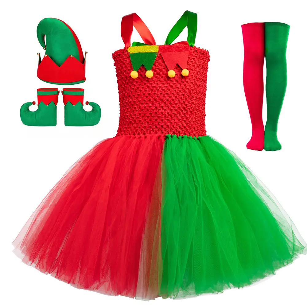 Çocuk noel Elf parti sahne performansı kostümleri kırmızı ve yeşil örgü kızlar için noel ağacı Tutu prenses elbise