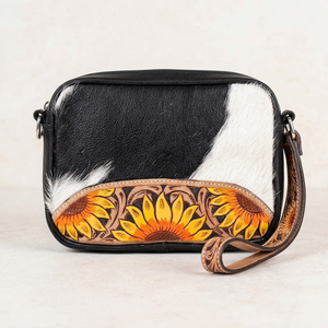 Genuine Fur Leather Wristlets <b>Bag</b> with Floral Embossing Tan Color Bohemian Style Fringe Animal Print Zipper Closure Daily Use - Product Image 1