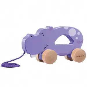 Animais educacionais do hipopótamo do bebê moldaram a tração de madeira ao longo dos brinquedos do reboque