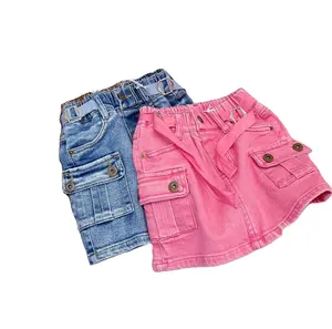 Q30412 SZ1101-SZ160 Summer Kids Candy color distressed ripped tassel washed denim skirts with belt Teens Jean skirt dress