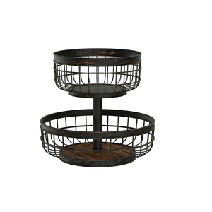 Classic Design Wooden Stand Iron Wire Fruit Storage <b>Basket</b> Custom Size Wooden Base Fruit Container <b>Basket</b> - Product Image 1