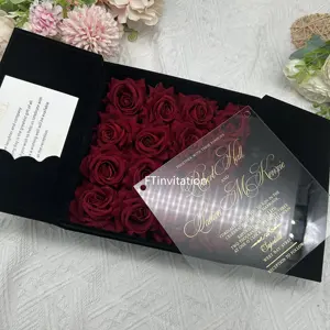 Luxury Black Velvet Gift Box with Red Rose Decoration and Custom clear Acrylic Wedding Invitation