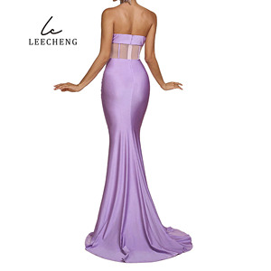Abito aderente in tessuto <span class=keywords><strong>a</strong></span> <span class=keywords><strong>rete</strong></span> con motivo floreale tridimensionale viola senza spalline personalizzato con Silhouette <span class=keywords><strong>a</strong></span> coda di pesce - Product Image 3
