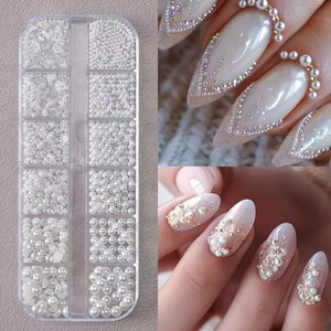 12 <b>Grids</b> Gold Silver Pearl Nail Beads Half Round Flatback <b>Metal</b> Ball Charms for DIY Nail Art - Product Image 6