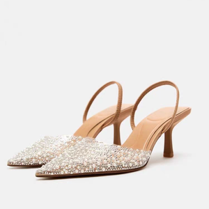 Sandali <span class=keywords><strong>Nude</strong></span> da Donna ZA Estate 2026 con Perle e Strass, Punta a Spillo, Mules con Tacco e Cinturino Posteriore, Scarpe Eleganti da Cerimonia e Matrimonio - Product Image 3