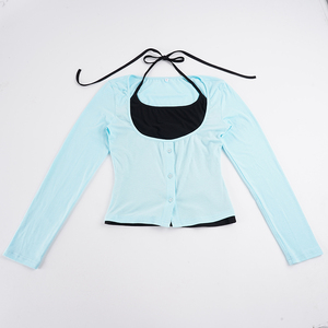 Conjunto de Dos Piezas Colorblock con Top Halter de Cuello en U y Botones, Manga Larga, Ajuste Delgado, Estilo Juvenil y Moderno, con Cintura Ajustada - Product Image 6