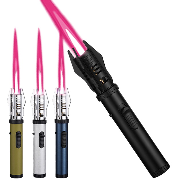 Adjustable Rotatable Jet Flame Lighter Powerful Red Flame Torch Logo-Packed Metal Long Pen Butane Gas Camping Cigarette Usage