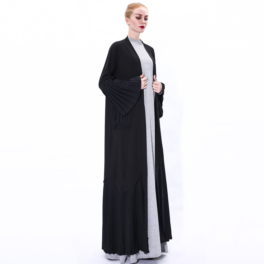 Muslim Women Abaya Dress Long Sleeve Robe Cardigan with belt Design Trumpet pleated Sleeve Lady Long Sleeve Maxi Dress 91225