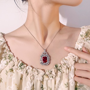 Trendy 12*16mm Imitation Ruby Jewelry Eco-friendly Jewelry Copper Geometric Square Double Halo Cubic Zirconia Pendant Necklace - Product Image 5