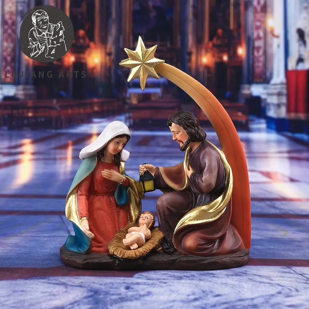 5.9Inch Kerststal Heilige Familie Standbeeld Hars Kerst Sculptuur Decoratie Heilige Familie Met Bethlehem Ster Beeldje Religieuze Gift