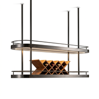 Étagère à vin ovale en acier inoxydable à double niveau avec éclairage LED, support mural pour bar, étagère à vin en bois pour la décoration du hall d'hôtel