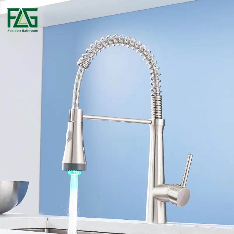 FLG New style brushed nickel pull down brass mixer kitchen faucet with LED light