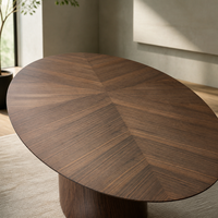 Table à manger ovale en placage de noyer avec plateau flottant et piétement central, mobilier contemporain pour cuisine, restaurant, villa, vente en gros