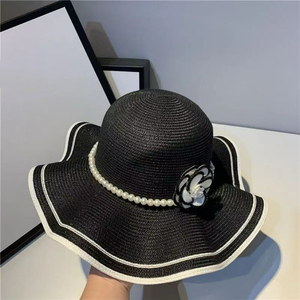 Chapeaux de paille élégants et luxueux en camélia, écologiques, à large bord ondulé, avec fleurs et chaîne de perles, pour femme, style sombrero de camélia - Product Image 2