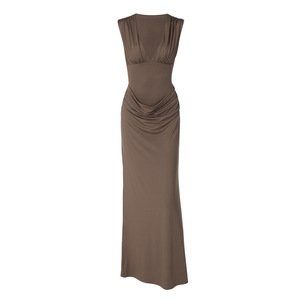 Ropa de Mujer Estilo Europeo Americano, Simple, para Instagram, Streetwear, Falda Ajustada Plisada, Sexy, Cuello en V, Larga, Verano - Product Image 5