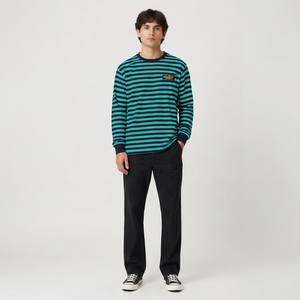 T-shirt à manches longues rayé pour homme avec logo personnalisé, col rond, décontracté, en coton tricoté, coupe classique, coupe ample, jersey à manches longues - Product Image 1