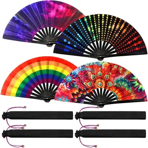 Sufficient Stock 2024 Large Hand Fan 33cm Bamboo Fabric Folding Fan With Costom Pattern Bamboo Hand Holding Fan Costom Logo