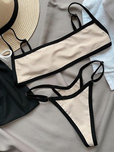 Ensemble bikini 2 pièces pour femme, maillot de bain sexy à coupe haute, color block, bandeau coquin, col rond discret, vente en gros, logo personnalisé - Product Image 3