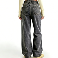 Pantalon en jean noir déchiré et effiloché pour femme, style streetwear décontracté, taille haute, coupe droite, baggy