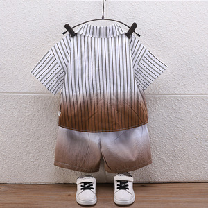 LURI 2025 Nouveauté Ensemble d'été décontracté trois pièces pour garçons, chemise à manches courtes rayée verticale et short en tissu peigné pour bébé - Product Image 3