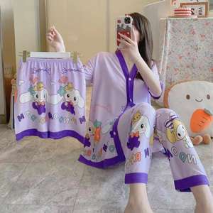 Vente en gros <span class=keywords><strong>Tik</strong></span> Tok Live Stream Hot Summer Milk Silk Short Sleeve Cartoon Mic Three-piece Homewear - Product Image 3