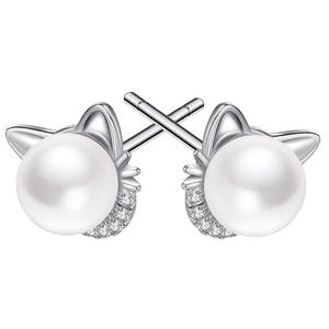 Pendientes bonitos con forma de gato para mujer, chapados en oro blanco, perlas de imitación, joyería de regalo, aleación chapada en plata, diseño de dibujos animados - Product Image 3