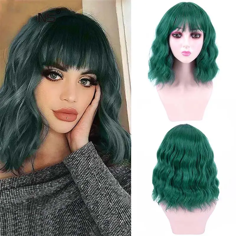 Factory direct wholesale High Temperature Fiber Water Wave Short Wavy Short Bob Wig With Bangs Synthetic Hair Wigs
