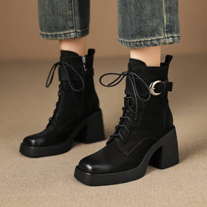 Bottines classiques françaises en cuir véritable rétro à talon carré, à lacets, avec boucle de ceinture simple, talon haut, bottines à la cheville - Product Image 5