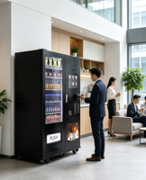Distributeur automatique 2-en-1 sur pied pour snacks, boissons et café, avec écran tactile et service en libre-service