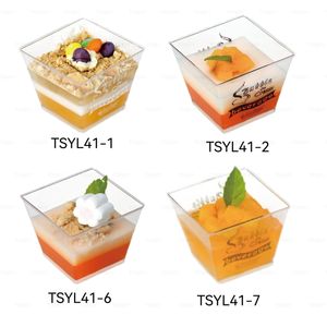 Lot de 60 tasses à dessert de 4 oz avec couvercles plats et cuillères Mini tasses parfaites en plastique Tasses carrées transparentes pour l'apéritif, gâteau et crème glacée - Product Image 4